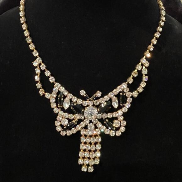 Vintage 1950s Butterfly Rhinestone Necklace Clear Black Crystal Statement - Picture 1 of 9